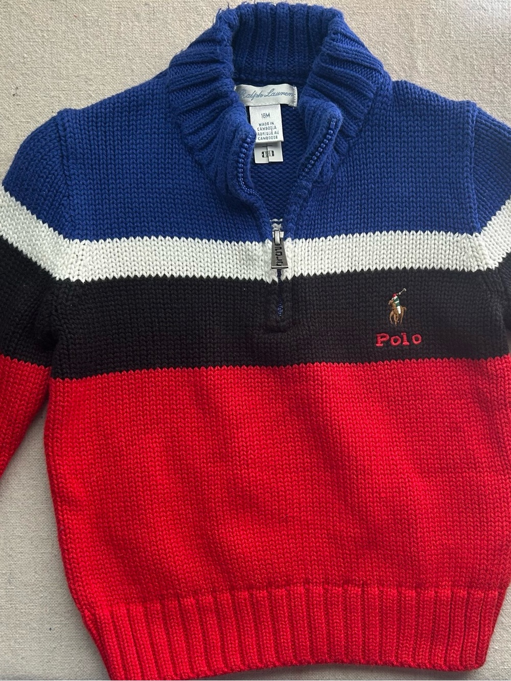 Ralph Lauren Kids Red, Navy & Black Zip-Up Striped Sweater